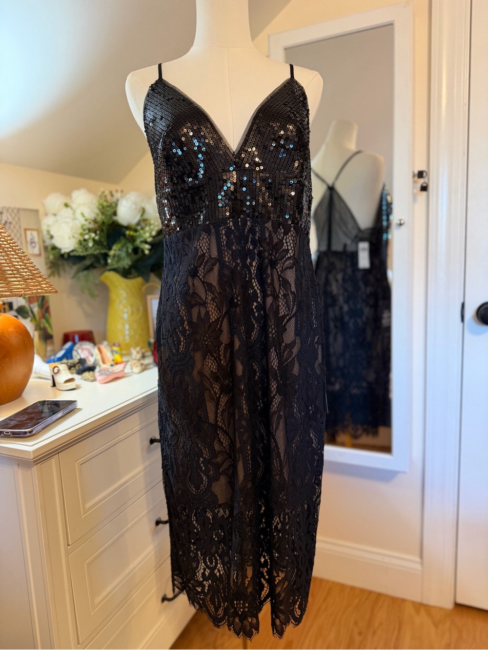 BCBGMaxAzria Black Sequin & Floral Lace Slip